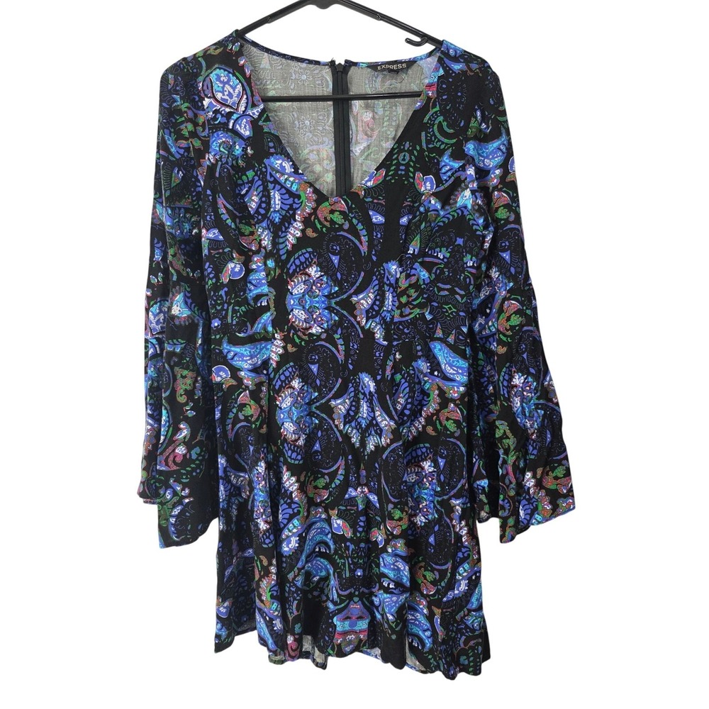 Express Artsy Flounce Sleeve Mini Dress 8 Womens Black Geometric V Neck Back Zip
